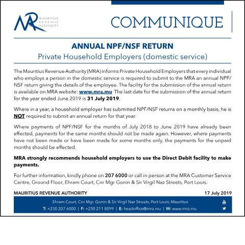 Document preview: Annual NPF / NSF Return : Private Household Employers (domestic service) (17.07.19) — Form, Mauritius (CERFA n°AnnualNPFNSF170719)