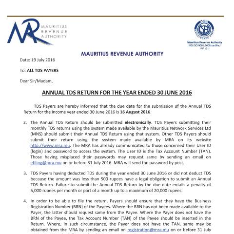 Document preview: Circular - Annual TDS Return for the year ended 30 June 2016 — Form, Mauritius (CERFA n°20160721_CircularAnnualTDSReturnfortheYearEnded30June2016)