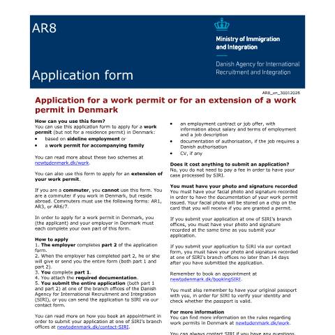 Document preview: AR8 — Application for a work permit or for an extension of a work permit in Denmark (work permit only - not residence permit) — SIRI / Application forms - SIRI, Danmark (CERFA n°AR8)