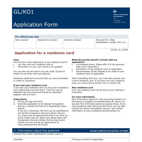 Document preview: Application for a residence card in Greenland — Immigration Service / Application forms – The Danish Immigration Service, Danmark