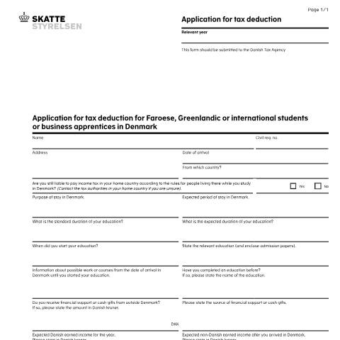 Document preview: 04.062 EN - Application for tax deduction for Faroese, Greenlandic or international students or business apprentices in Denmark — 04 Tax: tax return and preliminary income – individuals, Danmark (CERFA n°04.062)