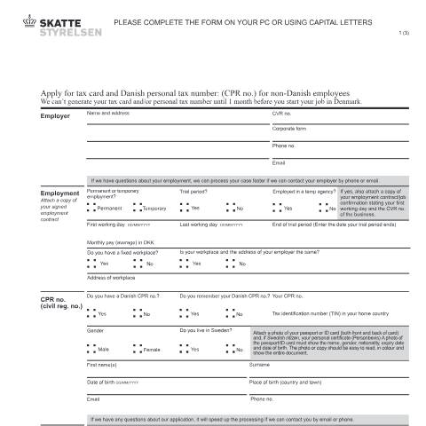 Document preview: 04.063 EN/DK - Apply for tax card and Danish personal tax number — 04 Tax: tax return and preliminary income – individuals, Danmark (CERFA n°04.063)