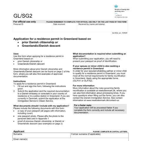Document preview: Application for a residence permit in Greenland based on prior Danish citizenship or Greenlandic/Danish descent — Immigration Service / Application forms – The Danish Immigration Service, Danmark