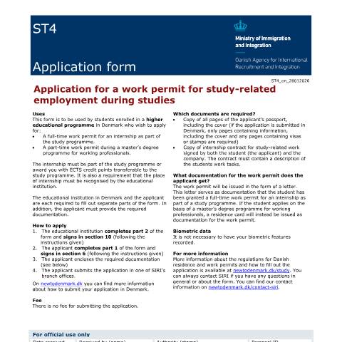 Document preview: ST4 — Application for a work permit for study-related employment during studies — SIRI / Application forms - SIRI, Danmark (CERFA n°ST4)