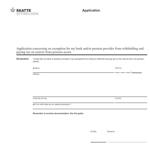Document preview: Application for exemption from withholding and payment of tax on returns from pension assets — 07 Tax: gift tax and pension, Danmark (CERFA n°07.058)