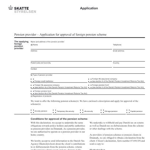 Document preview: Pension provider - application for approval of foreign pension scheme 07.055 EN — 07 Tax: gift tax and pension, Danmark (CERFA n°07.055)