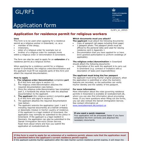 Document preview: Application for residence permit for religious workers — Immigration Service / Application forms – The Danish Immigration Service, Danmark