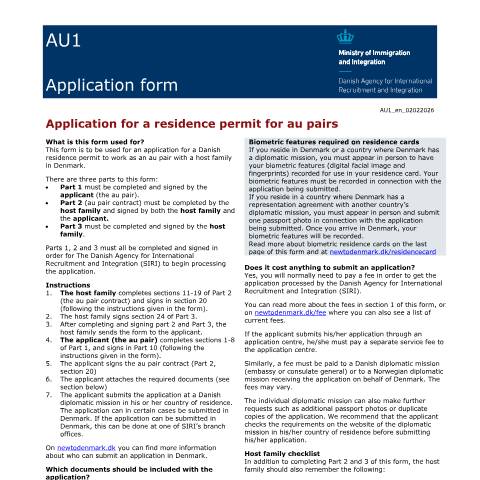Document preview: AU1/2 — Application for a residence permit for an au pair — SIRI / Application forms - SIRI, Danmark (CERFA n°AU1/2)