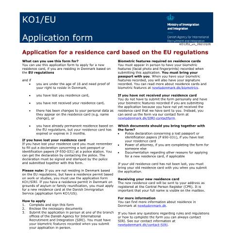 Document preview: KO1/EU — Application for a residence card based on the EU regulations — SIRI / Application forms - SIRI, Danmark (CERFA n°KO1/EU)