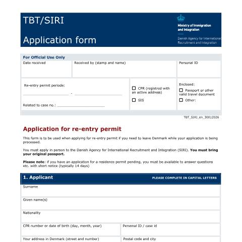 Document preview: Application for a re-entry permit in the area of work or study — SIRI / Application forms - SIRI, Danmark