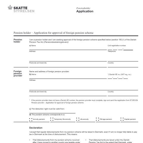 Document preview: Pension holder - application for approval of foreign pension scheme 07.054 EN — 07 Tax: gift tax and pension, Danmark (CERFA n°07.054)