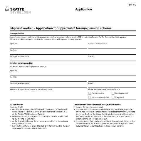 Document preview: Migrant worker - Application for approval of foreign pension scheme, 07.057 EN — 07 Tax: gift tax and pension, Danmark (CERFA n°07.057)