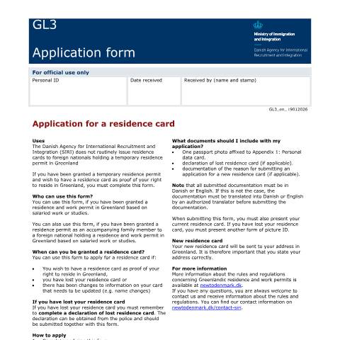 Document preview: GL3 — Application for a residence card - Greenland — SIRI / Application forms - SIRI, Danmark (CERFA n°GL3)