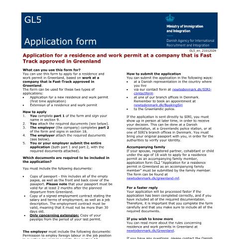 Document preview: GL5 — Application for a residence and work permit at a company that is Fast Track approved in Greenland — SIRI / Application forms - SIRI, Danmark (CERFA n°GL5)