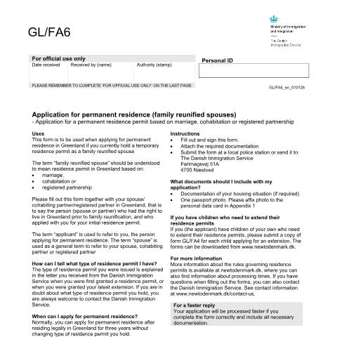 Document preview: Application for permanent residence in Greenland (family reunified spouses) — Immigration Service / Application forms – The Danish Immigration Service, Danmark