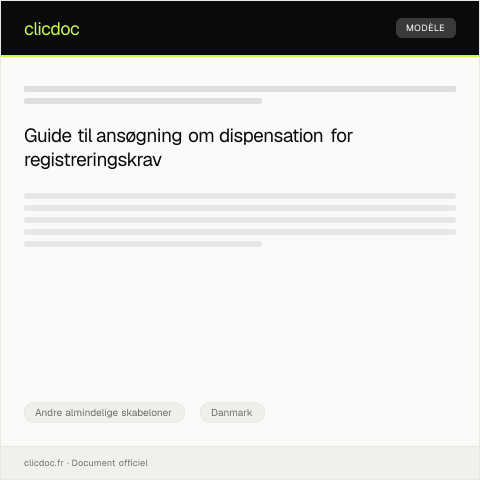Document preview: Ansøgning om dispensation for registreringskrav — Andre almindelige skabeloner, Danmark