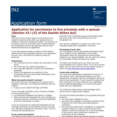 Document preview: IN2 — Application for permission to live privately with a spouse — Immigration Service / Application forms – The Danish Immigration Service, Danmark (CERFA n°IN2)