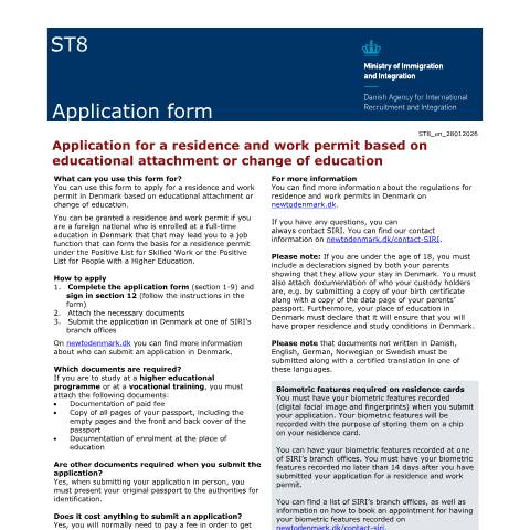 Document preview: ST8 — Application for a residence and work permit based on educational attachment or change of education — SIRI / Application forms - SIRI, Danmark (CERFA n°ST8)