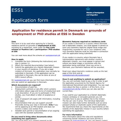 Document preview: Application for a residence permit in Denmark on grounds of employment or PhD studies at ESS in Sweden — SIRI / Application forms - SIRI, Danmark