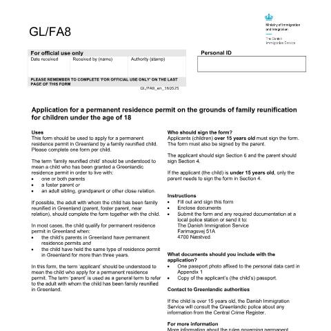 Document preview: Application for a permanent residence permit on the grounds of family reunification for children under the age of 18 — Immigration Service / Application forms – The Danish Immigration Service, Danmark