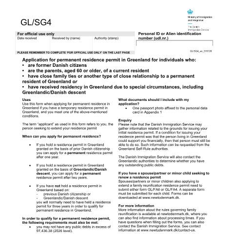 Document preview: Application for permanent residence permit in Greenland (special circumstances) — Immigration Service / Application forms – The Danish Immigration Service, Danmark