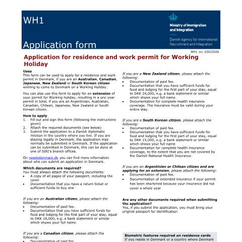 Document preview: WH1/2 — Application for a residence and work permit for Working Holiday in Denmark — SIRI / Application forms - SIRI, Danmark (CERFA n°WH1/2)