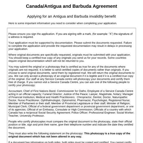 Document preview: Antigua and Barbuda/Canada Agreement - Application for an Antigua and Barbuda invalidity benefit — Income Security Programs, Canada (CERFA n°ATG-INV)
