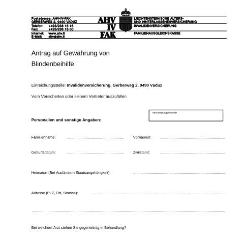 Dokumentvorschau: Antrag auf Gewährung von Blindenbeihilfe ( — AHV-IV-FAK (Sozialversicherung), Liechtenstein (CERFA n°AHV-IV-FAK-FORM-7-01--Antrag_Gewaehrung_BB)