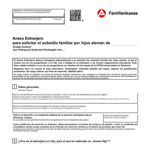 Dokumentvorschau: kg51-s-anlageausland_ba032460 — Öffnet in neuem Tab Anexo Extranjero para solicitar el subsidio familiar por hijos alemán (KG 51-es) Anlage Ausland zum Antrag auf deutsches Kindergeld (spanisch) pdf | 1.58 MB | barrierefrei — Familienkasse/kg51, Deutschland (CERFA n°kg51-s-anlageausland_ba032460)