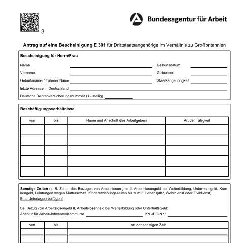 Dokumentvorschau: antragversicherungszeiten_ba023160 — Öffnet in neuem Tab Antrag auf Ausstellung eines E 301 Formular für Drittstaatsangehörige zur Vorlage in Großbritannien pdf | 600.69 KB | barrierefrei — Familienkasse/antragversicherungszeiten, Deutschland (CERFA n°antragversicherungszeiten_ba023160)