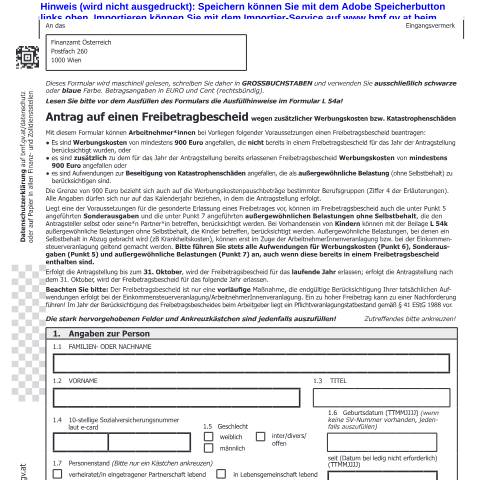 Dokumentvorschau: L54 — Antrag auf einen Freibetragsbescheid wegen zusätzlicher Werbungskosten beziehungsweise Katastrophenschäden — Steuern, Österreich (CERFA n°L54)