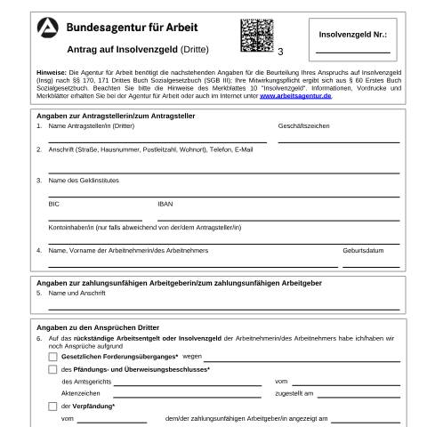 Dokumentvorschau: antraginsolvenzgeldd_ba031795 — Öffnet in neuem Tab Antrag auf Insolvenzgeld für Dritte Formular, falls Ansprüche Dritter bestehen pdf | 118.09 KB | barrierefrei — Familienkasse/antraginsolvenzgeldd, Deutschland (CERFA n°antraginsolvenzgeldd_ba031795)