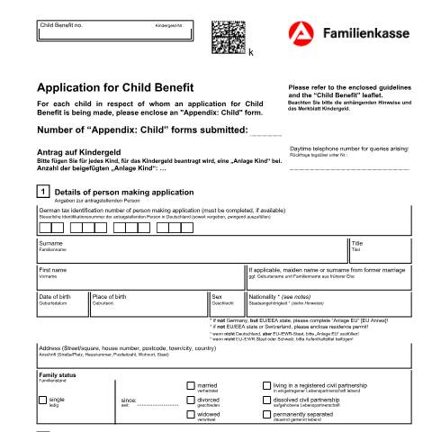 Dokumentvorschau: kb1-e-antrag-kindegeld_ba034920 — Öffnet in neuem Tab Application for Child Benefit (KG1-en) Antrag auf Kindergeld (englisch) pdf | 1.40 MB | nicht barrierefrei — Familienkasse/kb1, Deutschland (CERFA n°kb1-e-antrag-kindegeld_ba034920)