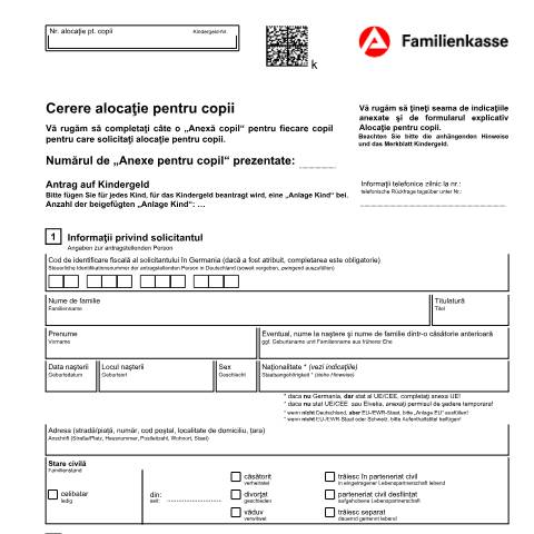 Dokumentvorschau: kb1-ro-antrag-kindegeld_ba033715 — Öffnet in neuem Tab Cerere alocaţie pentru copii (KG1-ro) Antrag auf Kindergeld (rumänisch) pdf | 1.40 MB | nicht barrierefrei — Familienkasse/kb1, Deutschland (CERFA n°kb1-ro-antrag-kindegeld_ba033715)