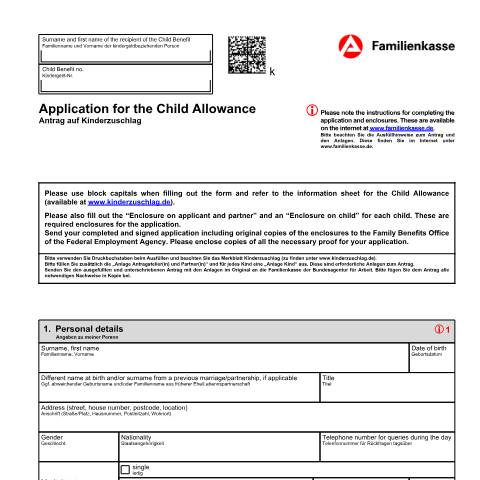 Dokumentvorschau: antrag-auf-kinderzuschlag-kiz-1-englisch_ba047423 — Öffnet in neuem Tab Application for the Child Allowance (KiZ 1 en) Antrag auf Kinderzuschlag (KiZ 1) (englisch) pdf | 1.37 MB | barrierefrei — Familienkasse/antrag, Deutschland (CERFA n°antrag-auf-kinderzuschlag-kiz-1-englisch_ba047423)