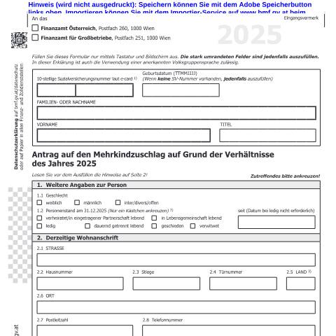 Dokumentvorschau: E4 — Antrag auf den Mehrkindzuschlag auf Grund der Verhältnisse des Jahres 2025 — Steuern, Österreich (CERFA n°E4)