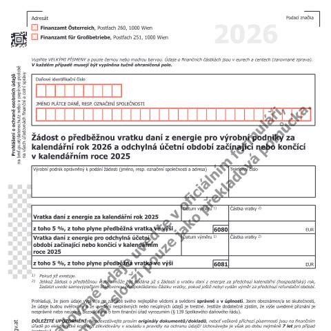 Dokumentvorschau: ENAV3-CS — Žádost o předběžnou vratku daní z energie pro výrobní podniky za kalendářní rok 2026 a odchylná účetní období začínající nebo končící v kalendářním roce 2025 — Steuern, Österreich (CERFA n°ENAV3-CS)