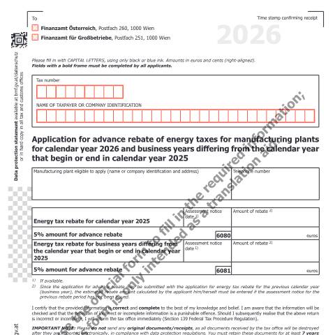 Dokumentvorschau: ENAV3-EN — Application for advance rebate of energy taxes for manufacturing plants for calendar year 2026 and business years differing from the calendar year that begin or end in calendar year 2025 — Steuern, Österreich (CERFA n°ENAV3-EN)
