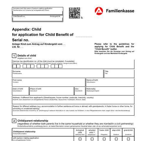 Dokumentvorschau: kg1-e-anlagekind_ba034910 — Öffnet in neuem Tab Appendix: Child for application for Child Benefit (KG1-enAK) Anlage Kind zum Hauptantrag Kindergeld (englisch) pdf | 1.46 MB | nicht barrierefrei — Familienkasse/kg1, Deutschland (CERFA n°kg1-e-anlagekind_ba034910)