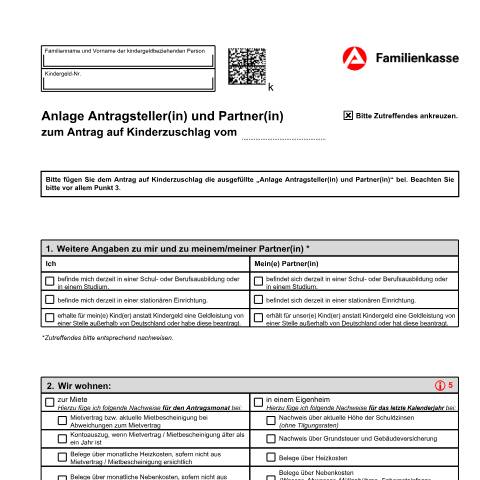 Dokumentvorschau: kiz1-ana_ba034980 — Öffnet in neuem Tab Anlage Antragsteller(in) und Partner(in) zum Antrag auf Kinderzuschlag (KiZ 1-AnA) Die Anlage ist in jedem Fall auszufüllen. pdf | 1.49 MB | barrierefrei — Familienkasse/kiz1, Deutschland (CERFA n°kiz1-ana_ba034980)