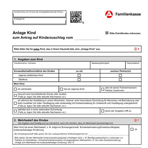 Dokumentvorschau: kiz1-ank_ba035005 — Öffnet in neuem Tab Anlage Kind zum Antrag auf Kinderzuschlag (KiZ 1-AnK) Bitte füllen Sie für jedes Kind, für das Sie Kinderzuschlag beantragen, jeweils eine Anlage Kind aus. pdf | 1.43 MB | barrierefrei — Familienkasse/kiz1, Deutschland (CERFA n°kiz1-ank_ba035005)