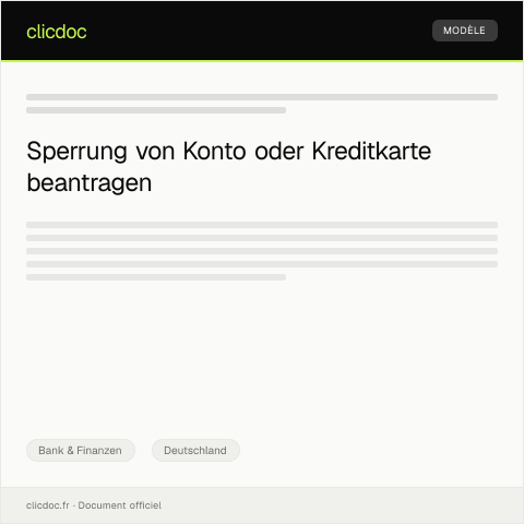 Dokumentvorschau: Antrag auf Sperrung eines Konto- oder Kreditkarten – Formular — Bank & Finanzen, Deutschland