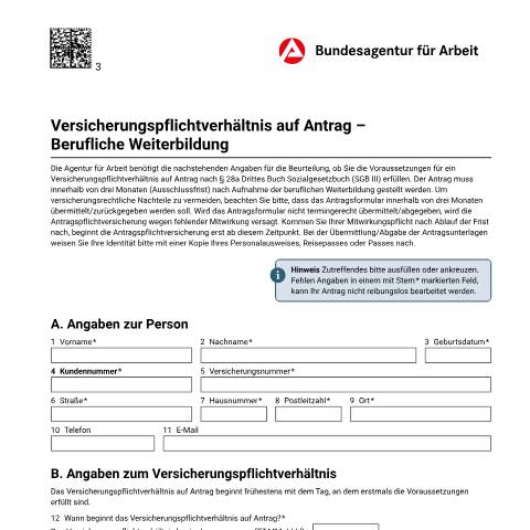 Dokumentvorschau: antragweiterbildung_ba022520 — Öffnet in neuem Tab Antrag auf Versicherungspflichtverhältnis bei beruflicher Weiterbildung Formular für Personen in beruflicher Weiterbildung pdf | 784.75 KB | barrierefrei — Familienkasse/antragweiterbildung, Deutschland (CERFA n°antragweiterbildung_ba022520)