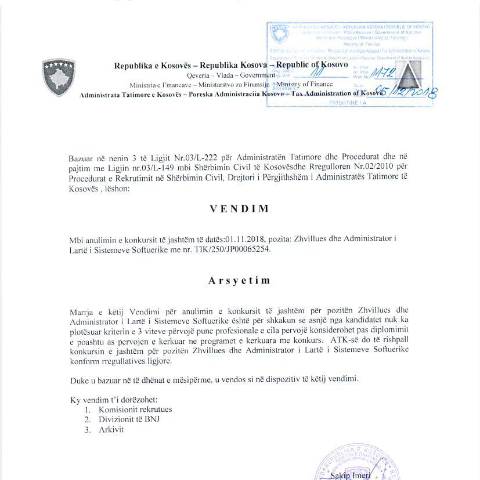 Document preview: Anulim i konkursit të jashtëm — Employment, Kosovë