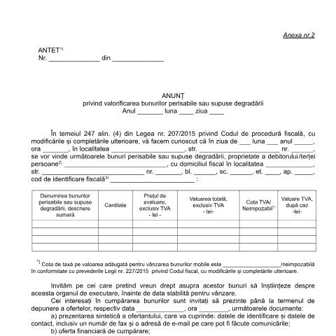 Document preview: Anunț privind valorificarea bunurilor perisabile sau supuse degradării (OPANAF 1517/2017) — Documente emise, România (CERFA n°A2_OPANAF_1517_2017)