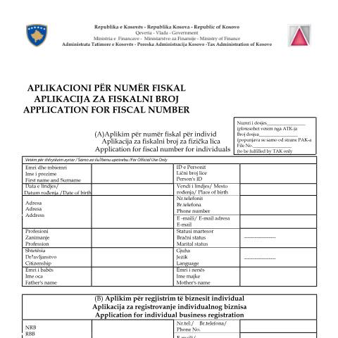Document preview: Aplikacioni për numër fiskal — Formularet, Kosovë
