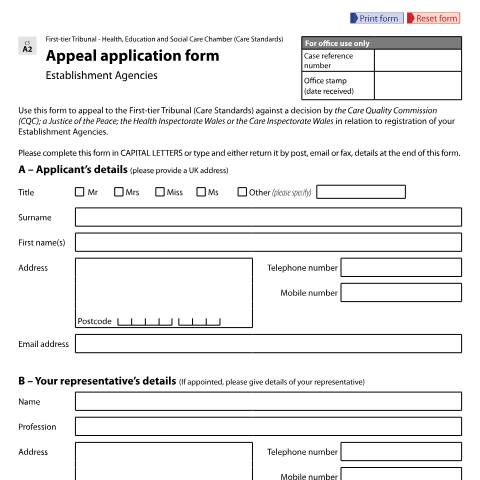 Document preview: Appeal application in relation to the registration of establishment agencies: Form CS A2 — HM Courts & Tribunals Service, United Kingdom