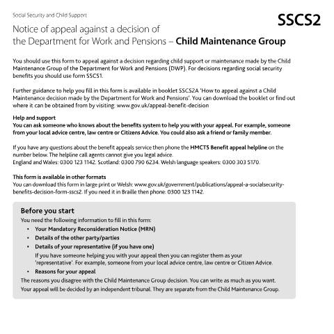 Document preview: Appeal a Child Maintenance Group decision by the DWP: Form SSCS2 — HM Courts & Tribunals Service, United Kingdom