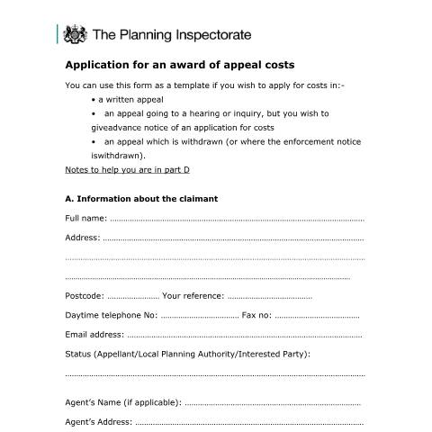 Document preview: Apply for an award of appeal costs: application form — Planning Inspectorate, United Kingdom