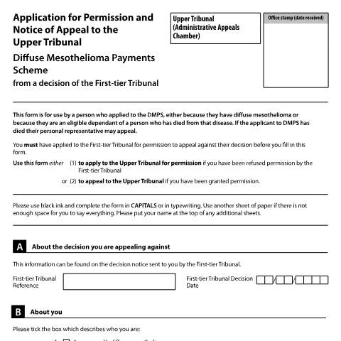 Document preview: Appeal a diffuse mesothelioma payment scheme decision made by the First-tier Tribunal: Form UT14 — HM Courts & Tribunals Service, United Kingdom
